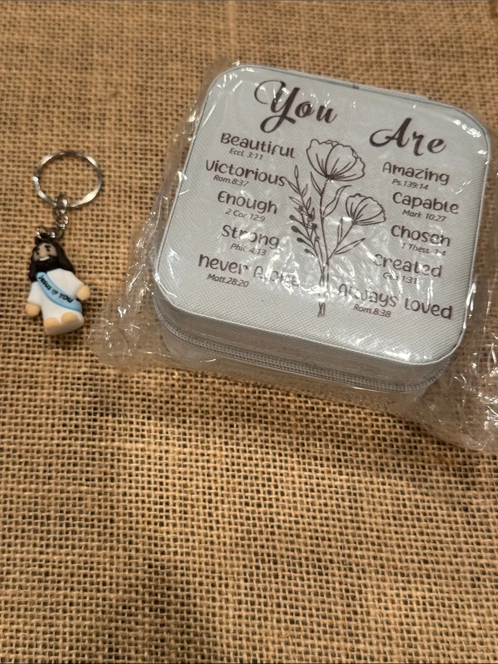 Light Blue Travel Inspirational Zip Around Jewelry Box with Baby Jesus Keychain
